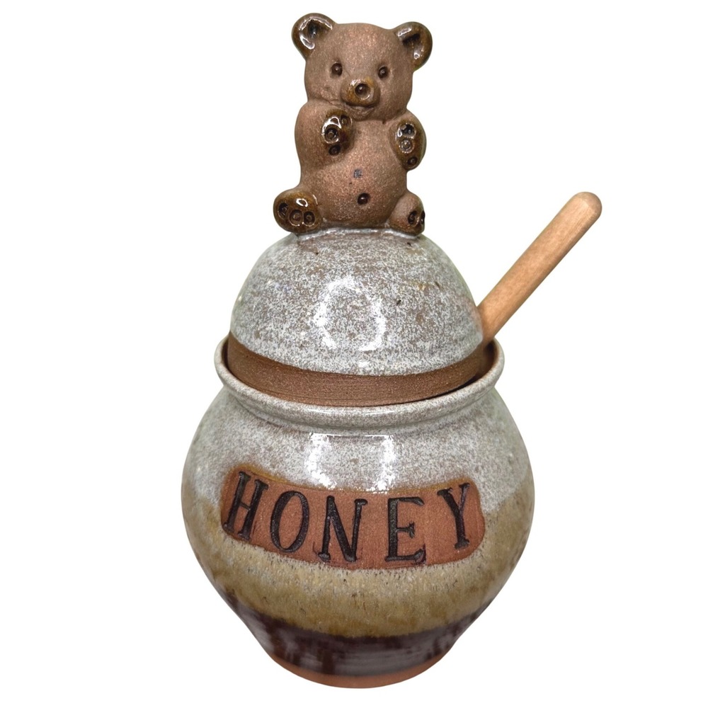 Vintage 1981 Mellow Mud Studio Pottery Bear Honey Pot Jar with Dipper Signed